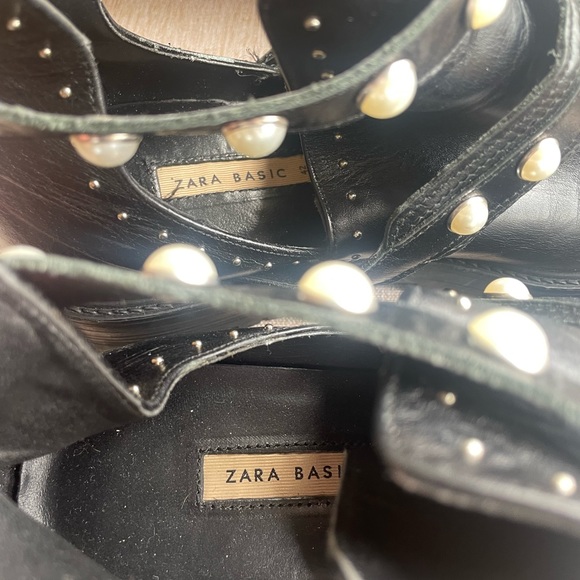 ZARA Basic Collection Flat Black Leather Ankle Boots/ Faux Mother of Pearls - Picture 8 of 11